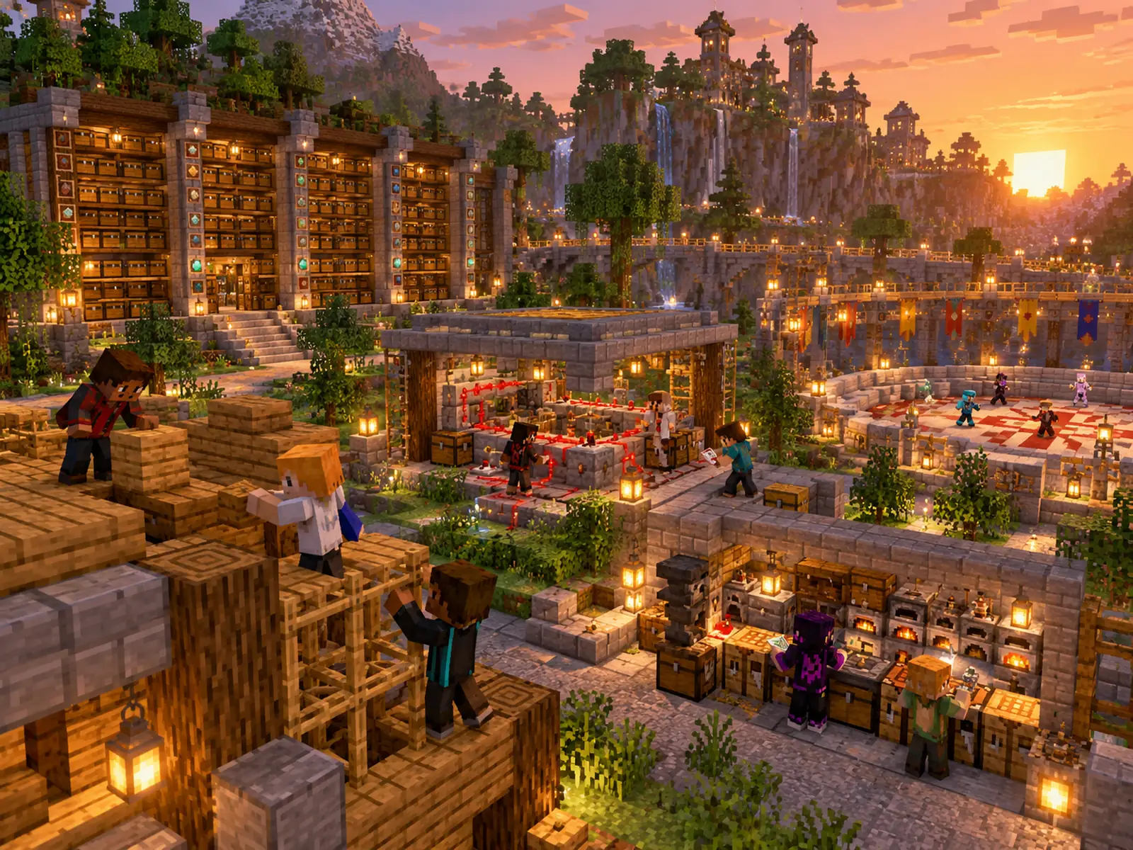 Orientierung beim Einstieg auf Silvaniq Minecraft-Hub mit beleuchteten Wegen, Häusern und klaren Treffpunkten