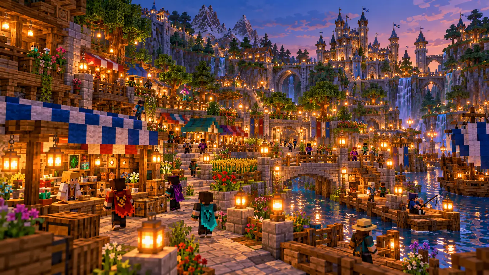 Minecraft-Markt unter einer Burg in warmer Abendstimmung