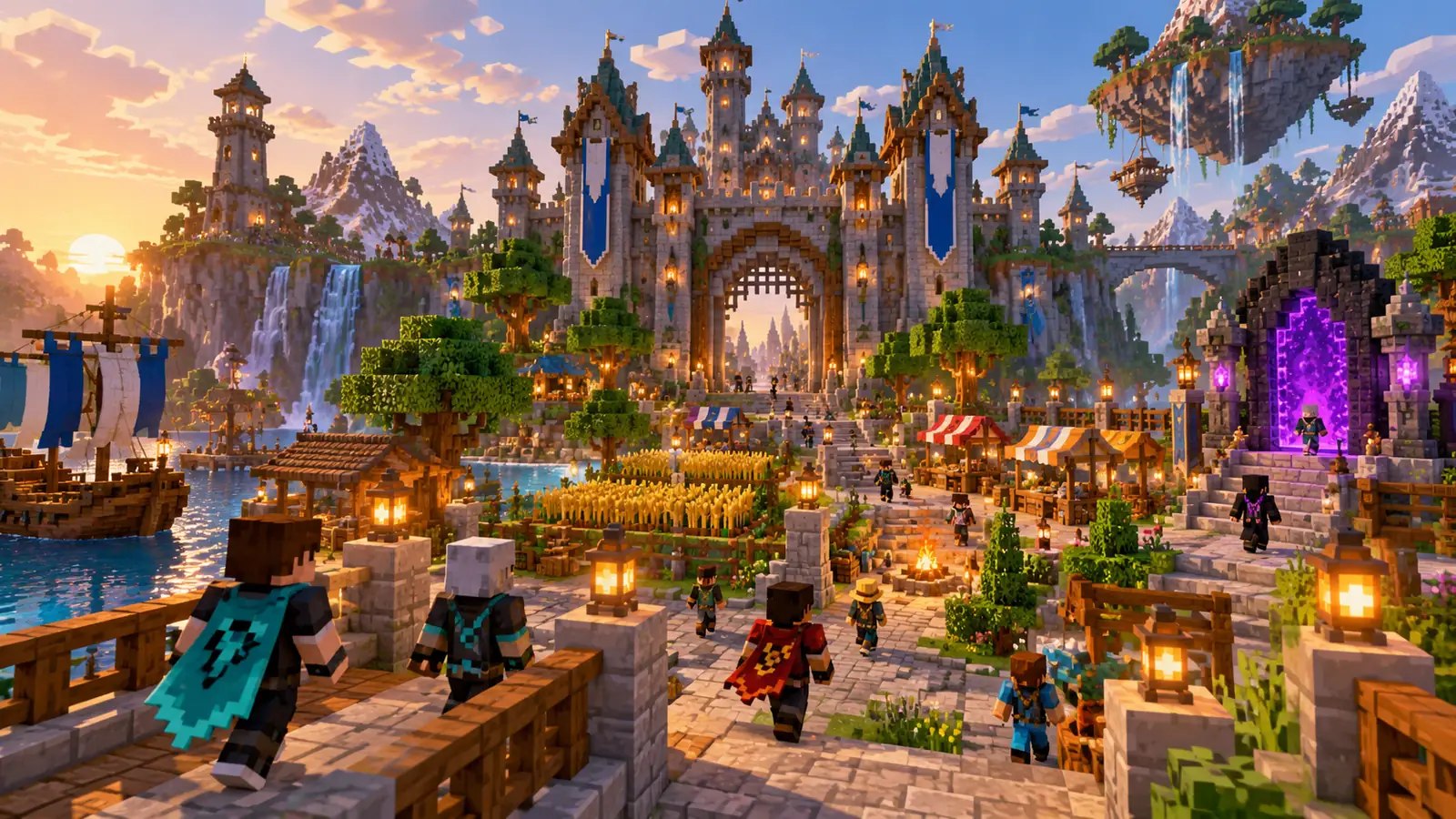 Große Minecraft-Survival-Welt mit Burg, Hafen und beleuchteten Wegen