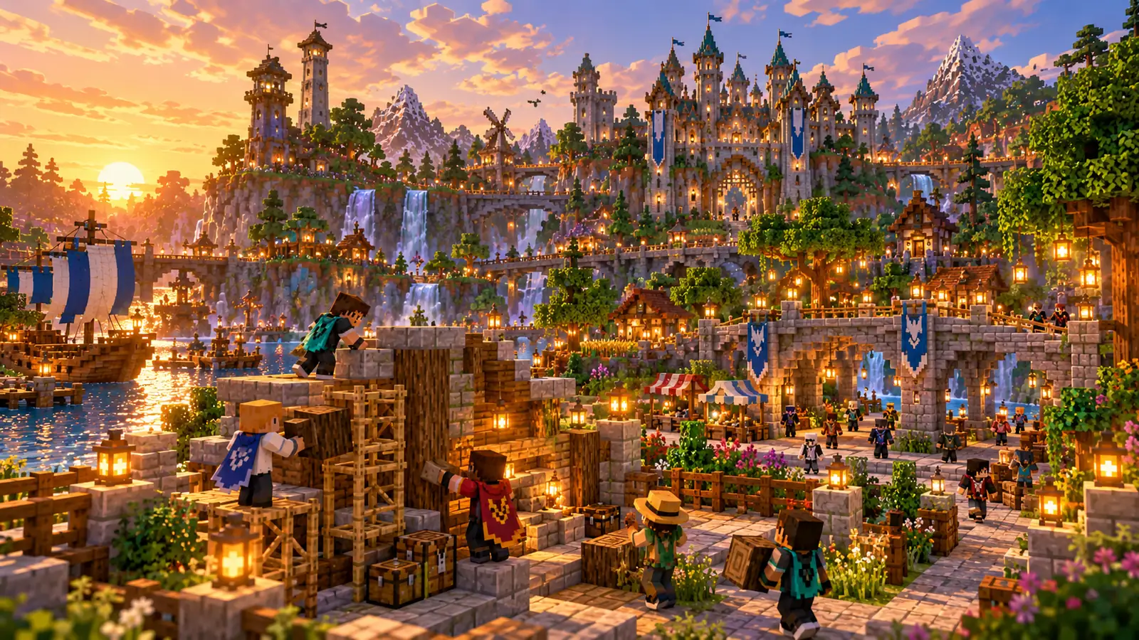 Regionen und Landmarken auf Silvaniq Große voxelartige Minecraft-Stadt mit Brücken, Türmen und unterschiedlichen Vierteln