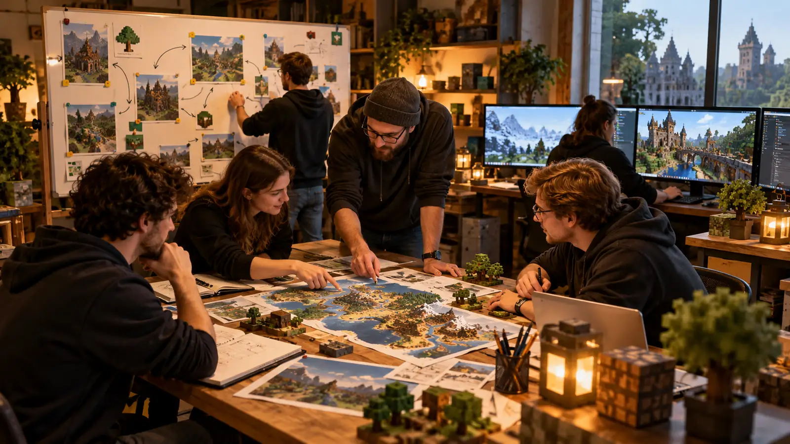Silvaniq Planung und gemeinsame Entwicklung Kreativteam plant gemeinsam eine voxelartige Spielwelt an Karten und Monitoren